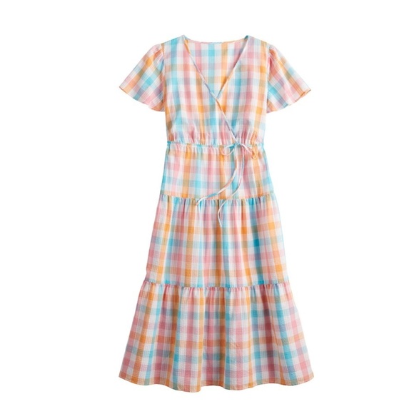 Multi- colored Pastel Easter Checkered Surplice Tiered Midi Dress size XXL NWT - Picture 2 of 4
